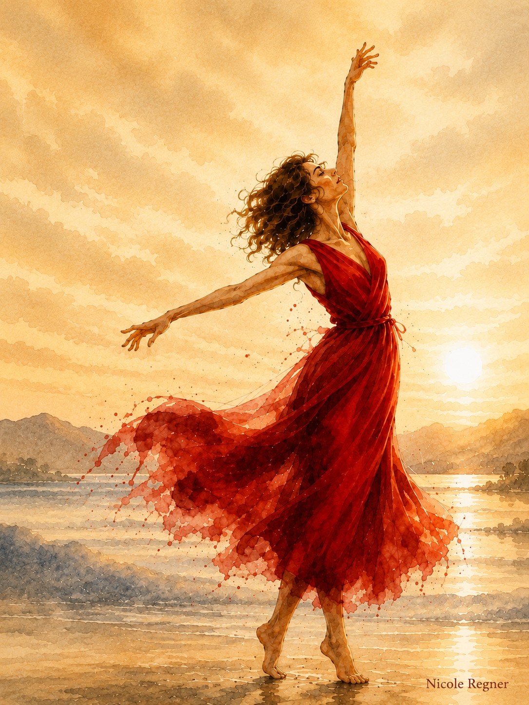 Aquarell-Illustration einer tanzenden Frau mit offenem Arm am Wasser im Abendlicht, Symbol für Selbsttreue und Lebendigkeit